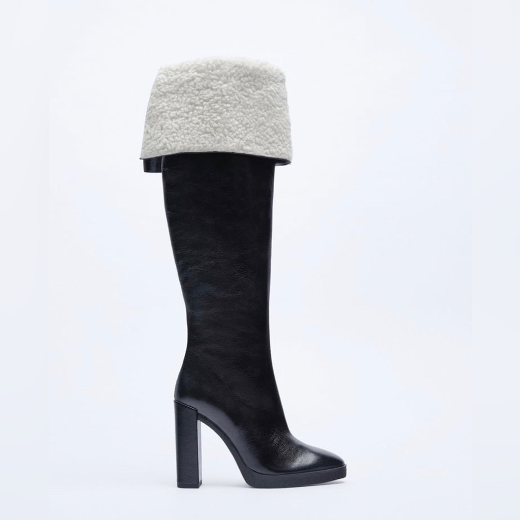 Over The Knee Leather Boots With Faux Shearling